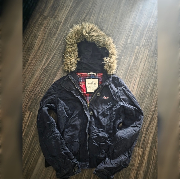 Vintage Hollister Jacket Large L Navy Blue Faux Fur Hood Plaid Lined